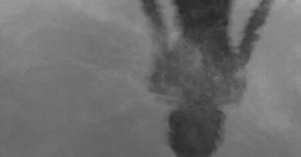 Mysterious black and white silhouette reflection on water surface.