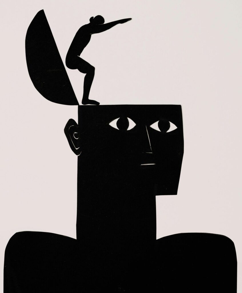 Abstract art depicting a silhouette diver leaping from an open head, symbolizing imagination.