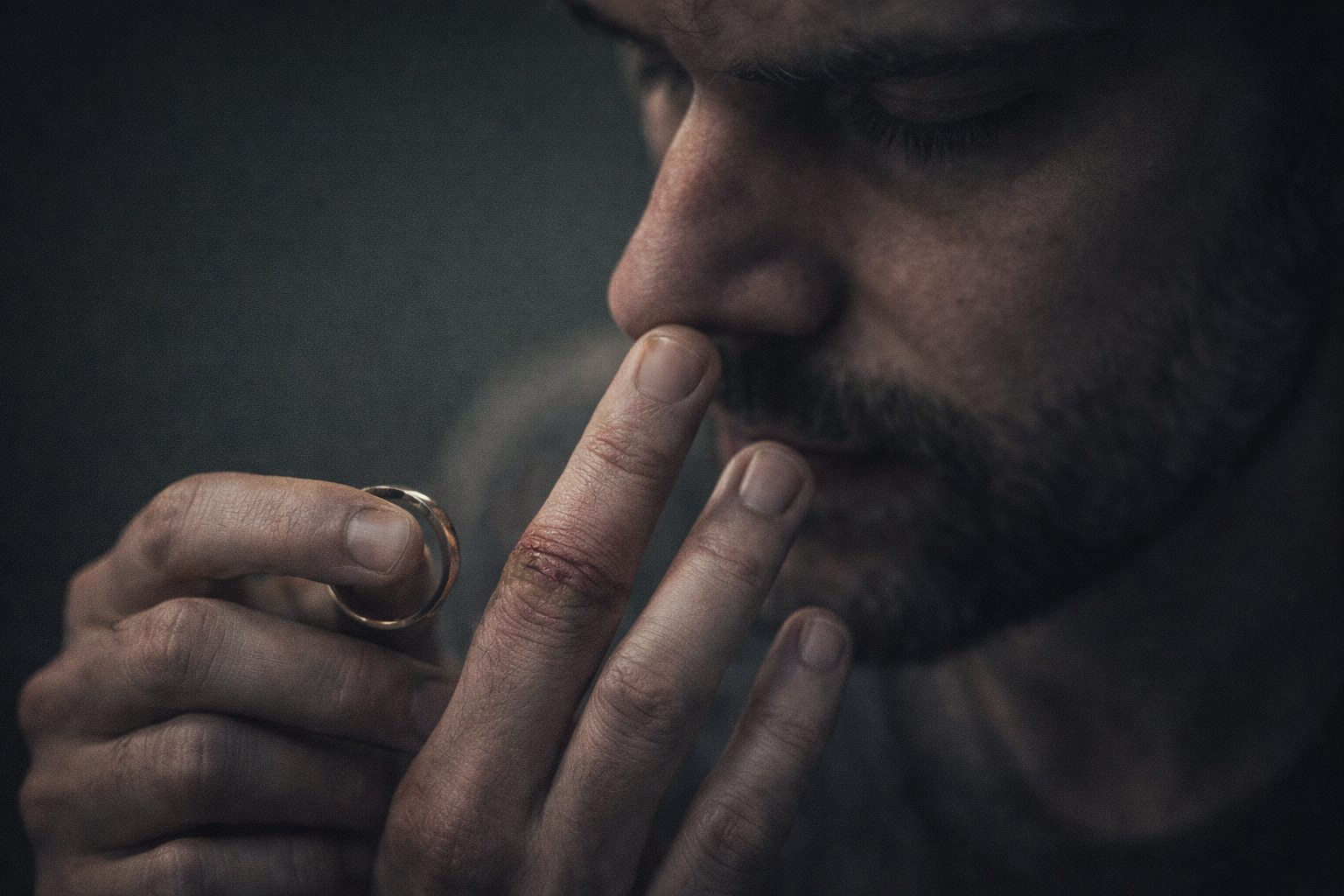 a cinematic close up atmosphere symbolizing discomfort and decay beneath a tight ring on a finger.