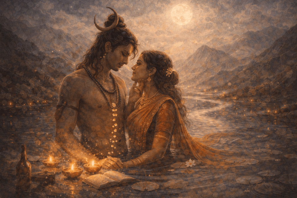 divine embrace by the moonlit river