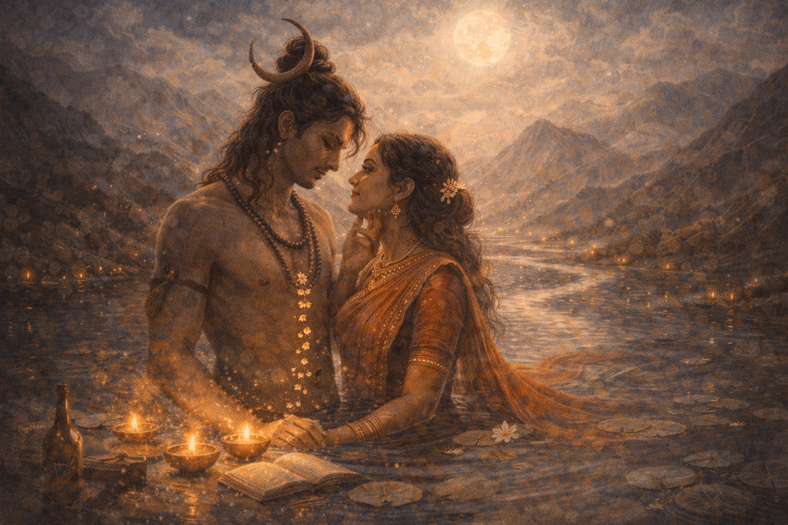 divine embrace by the moonlit river