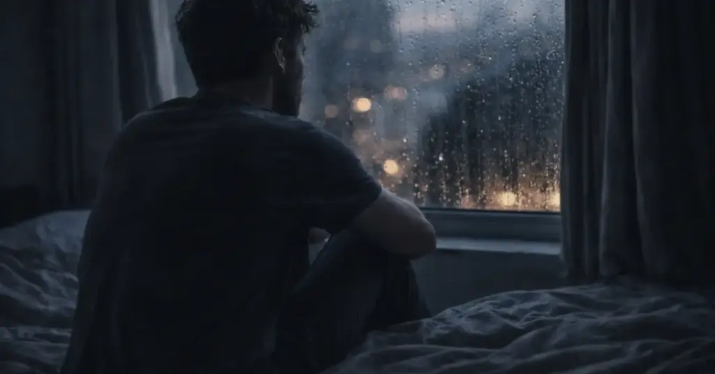 Man sitting alone by a rain-covered window at night, expressing absence and emotional longing