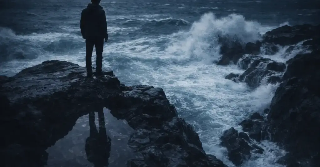 A solitary figure standing on a cliff above crashing waves, reflecting on identity and distance