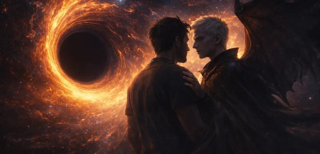 Two figures standing near a glowing black hole in space, symbolizing eternal reunion and cosmic longing
