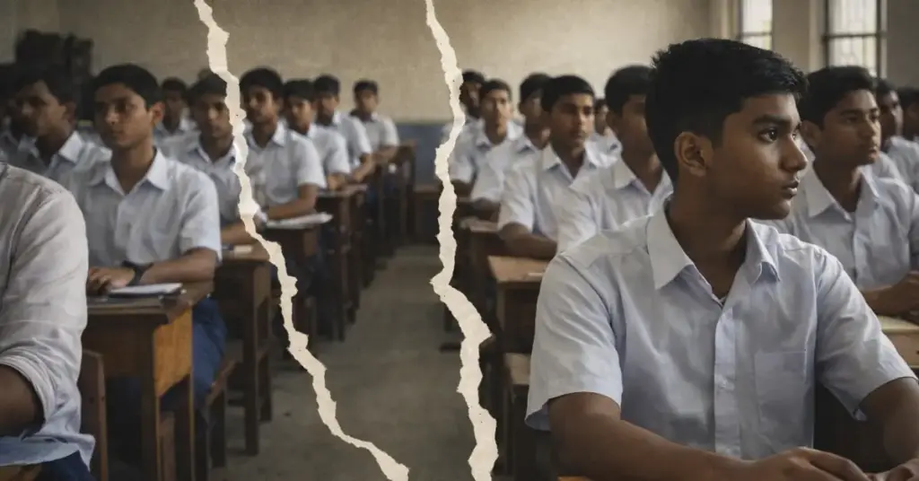 শ্রেণিকক্ষে সারিবদ্ধ বসে থাকা ছাত্ররা, শিক্ষা ব্যবস্থার নীরব অনুশাসনের প্রতীকী দৃশ্য