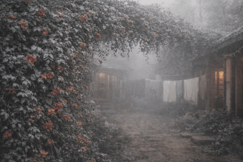 frosted trellis and foggy courtyard