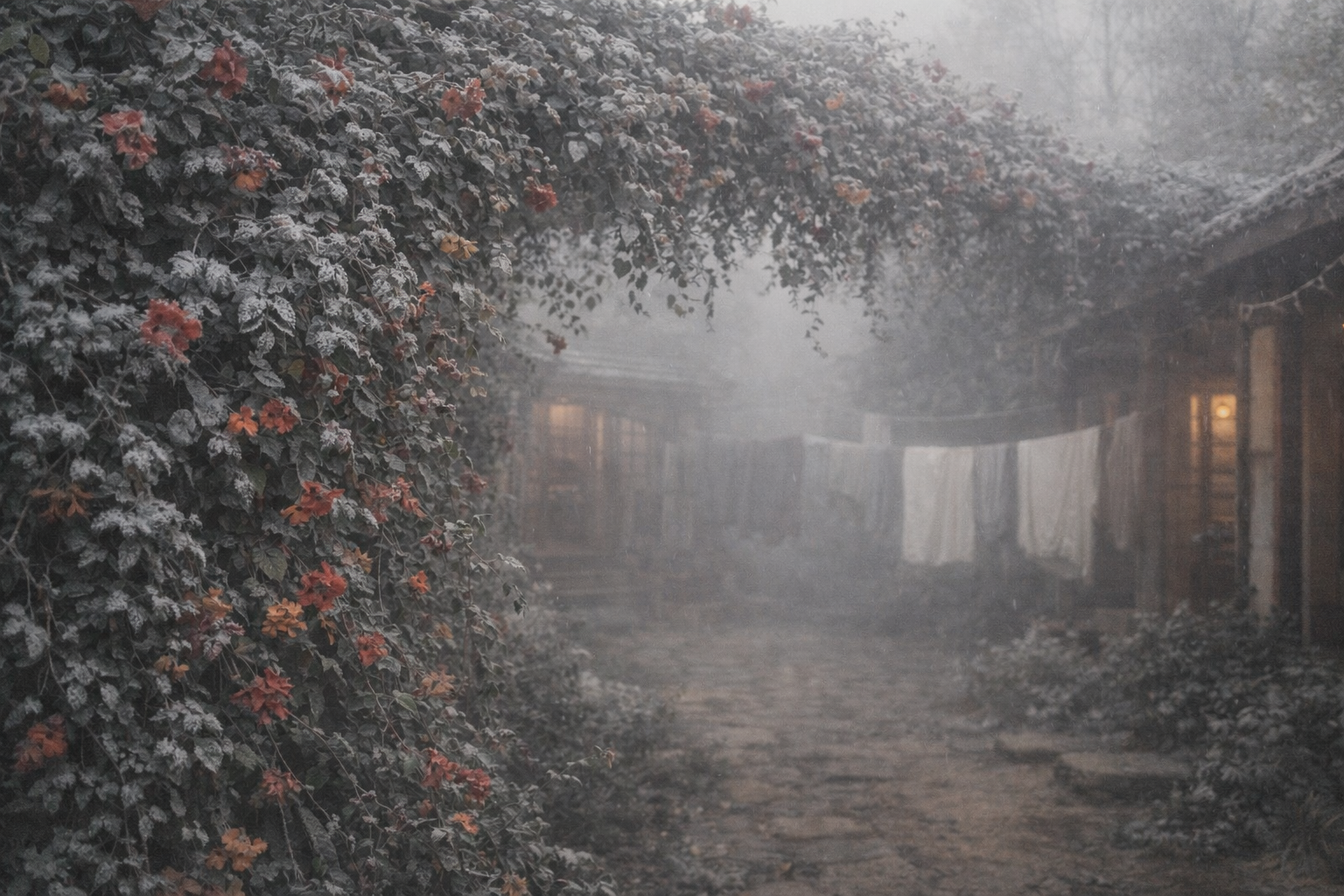 frosted trellis and foggy courtyard