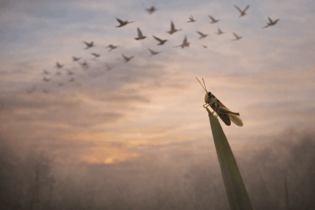 grasshopper on grass with sunset sky