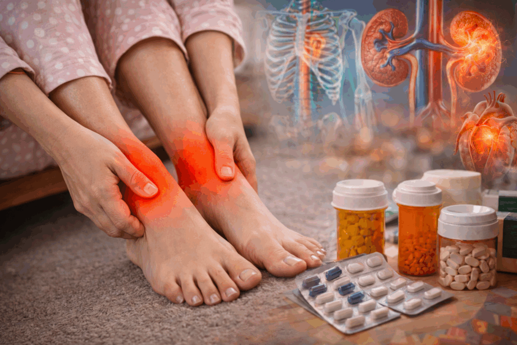 inflamed ankles and medication close up