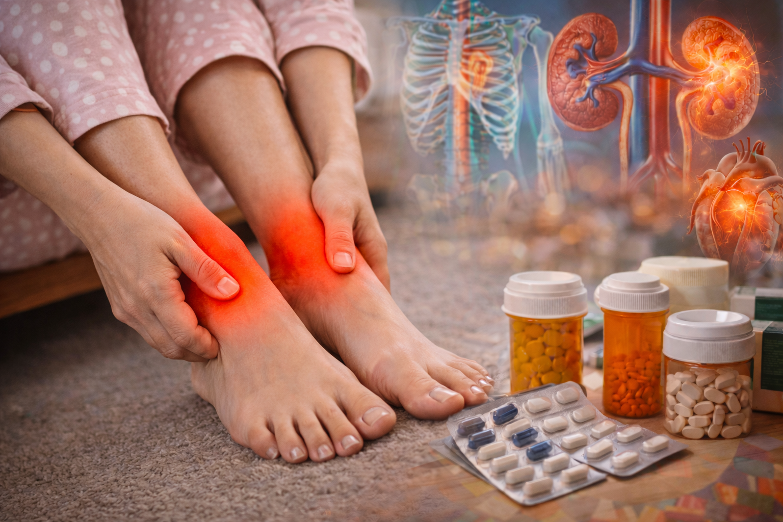 inflamed ankles and medication close up