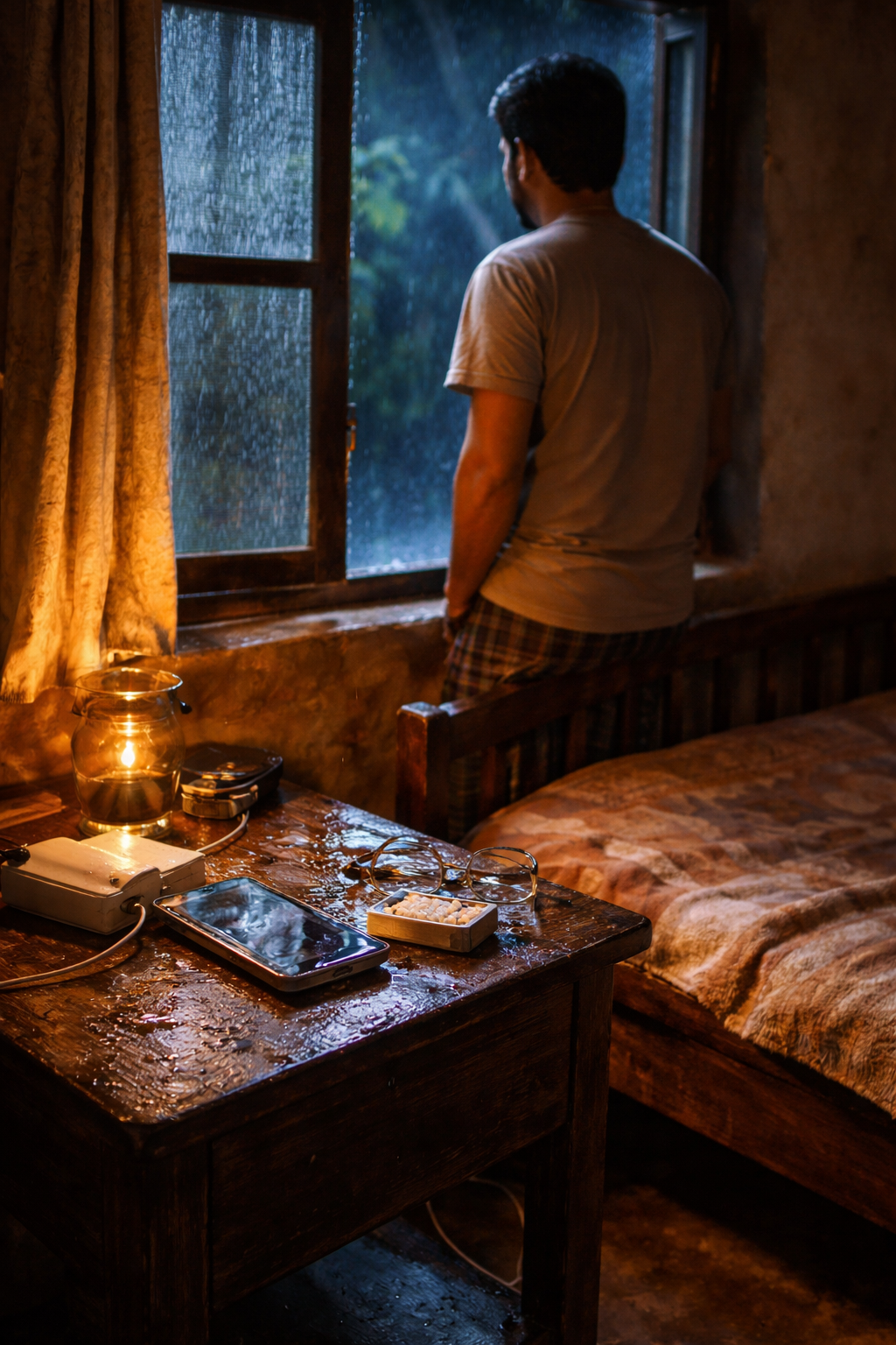 rainy night reflection by the window