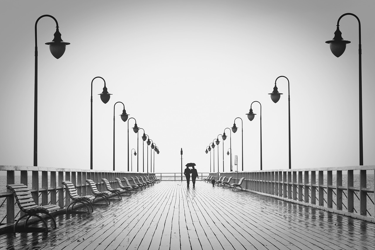 couple, boardwalk, silhouettes, walk, nature, walking, pier, umbrella, rain, raining, together, walking together, jetty, man, woman, people, leisure, romantic, relationship, romantic couple, monochrome, black and white