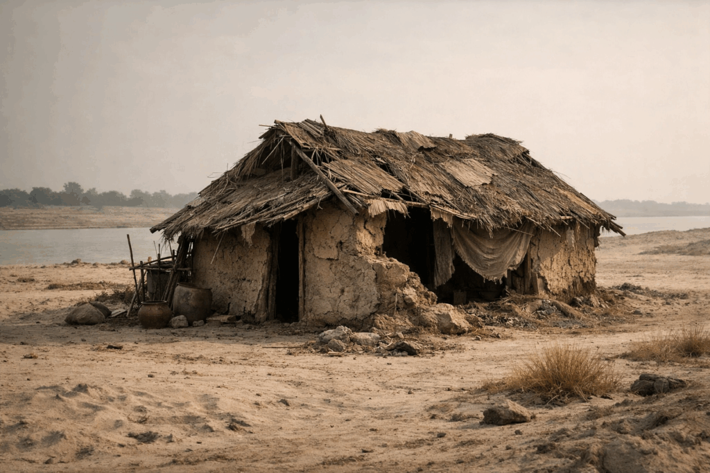 abandoned hut in a barren landscape