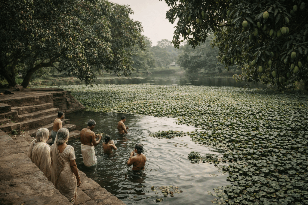 bathing by the mango tree pond