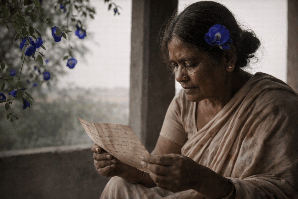 elderly woman with letter and flowers