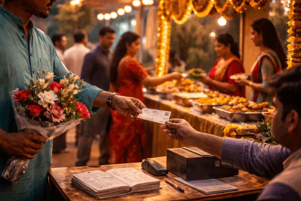 man handing meal coupon at wedding