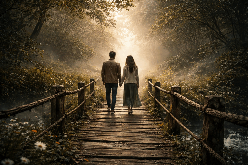 misty morning stroll on the bridge
