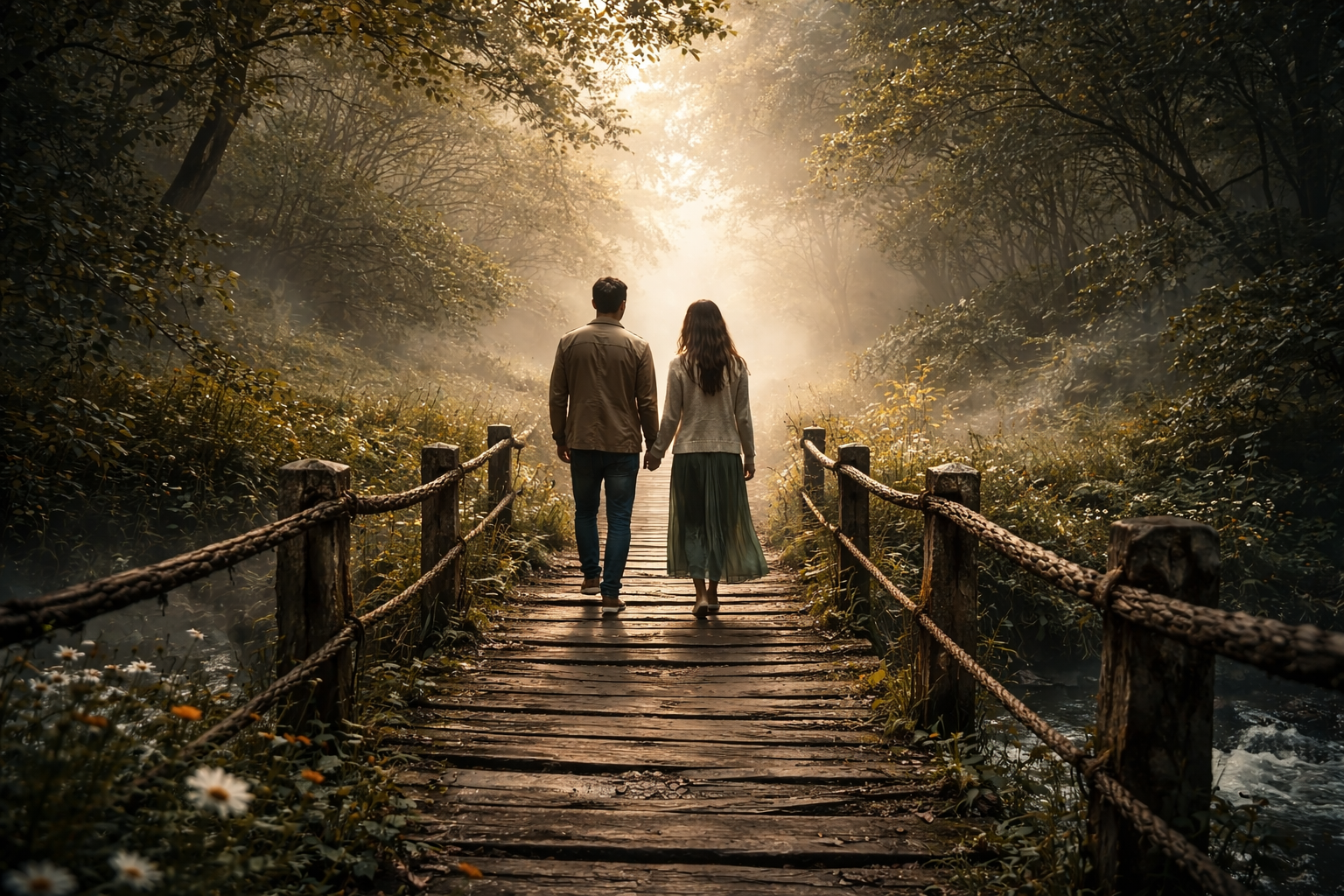 misty morning stroll on the bridge
