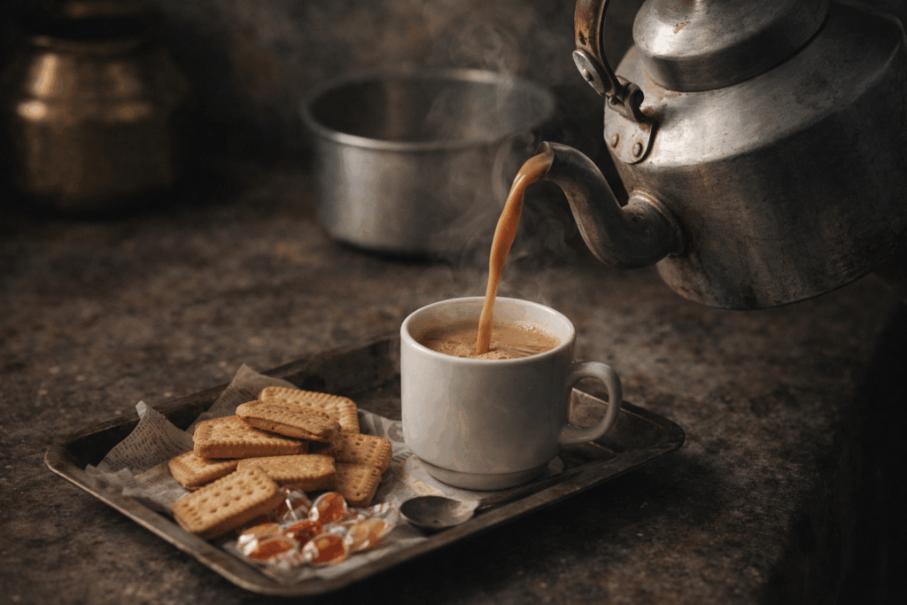 pouring tea in a rustic kitchen