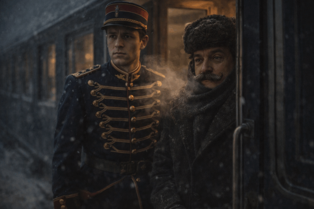 winter night at the train doorway