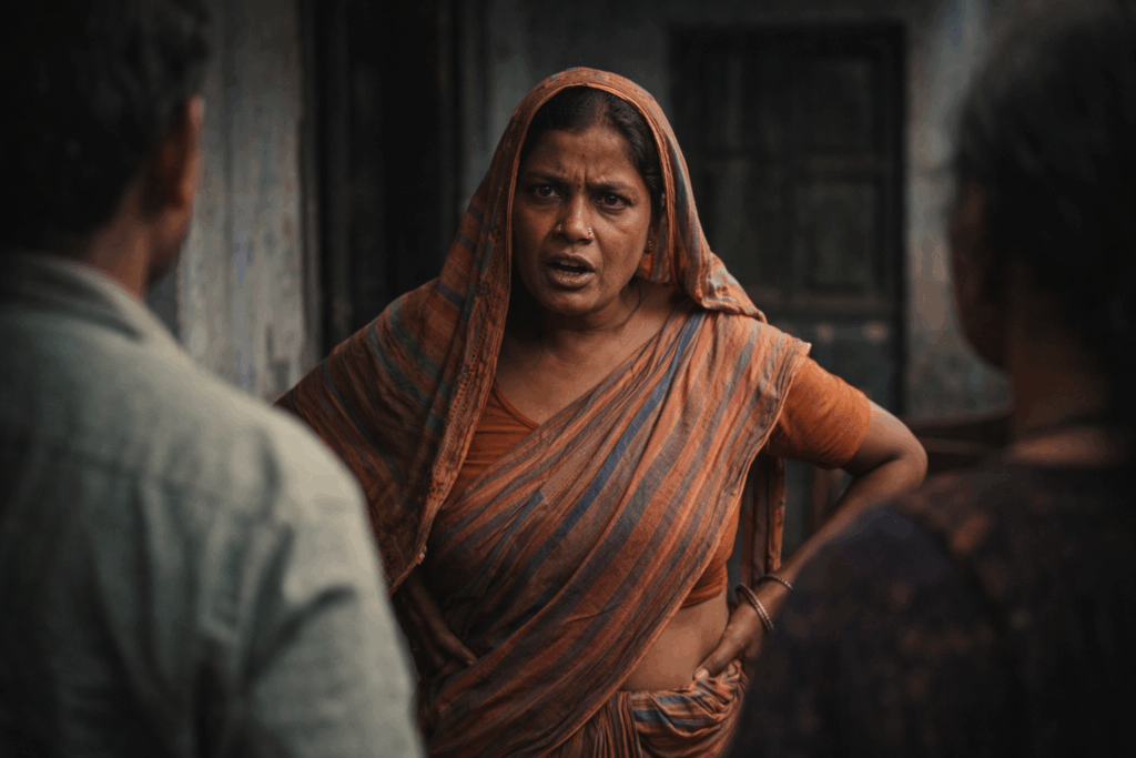 woman in saree with visitors in background