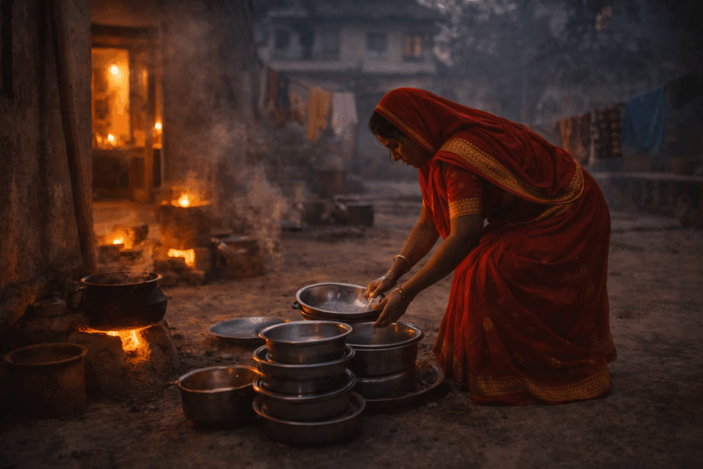 woman in sari cleaning pots at dusk