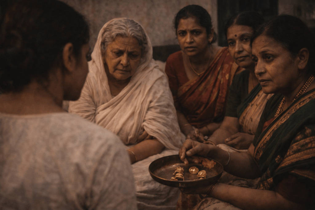 discussion over gold jewelry in dim room
