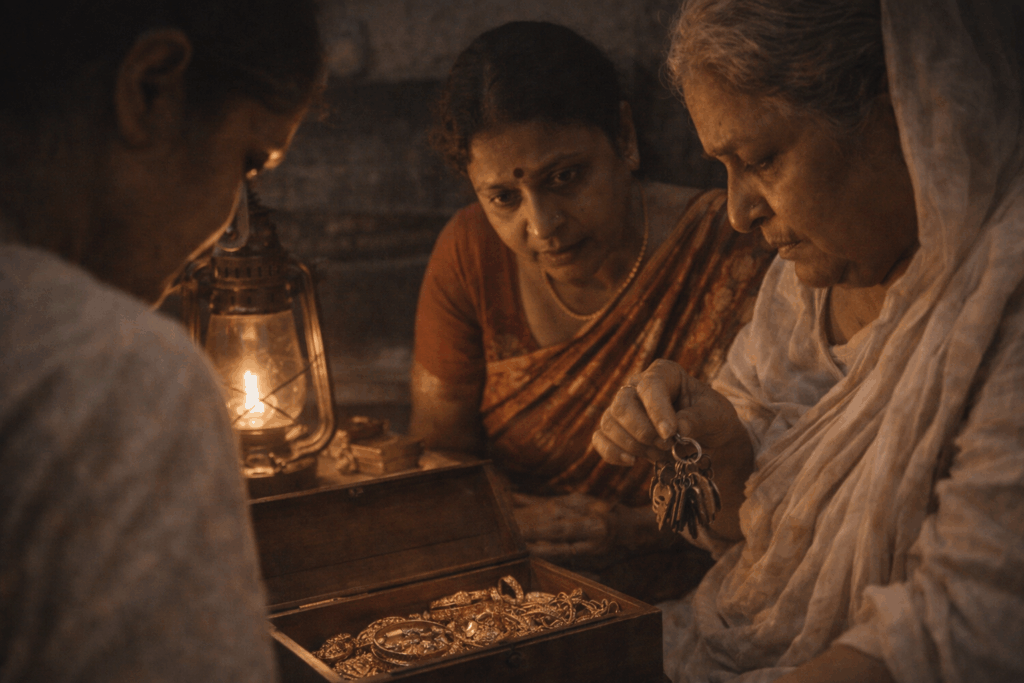 examining gold under warm lantern light