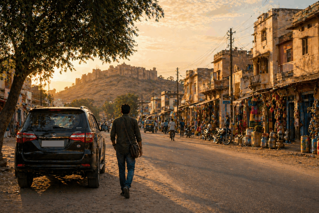 golden hour in a bustling market street