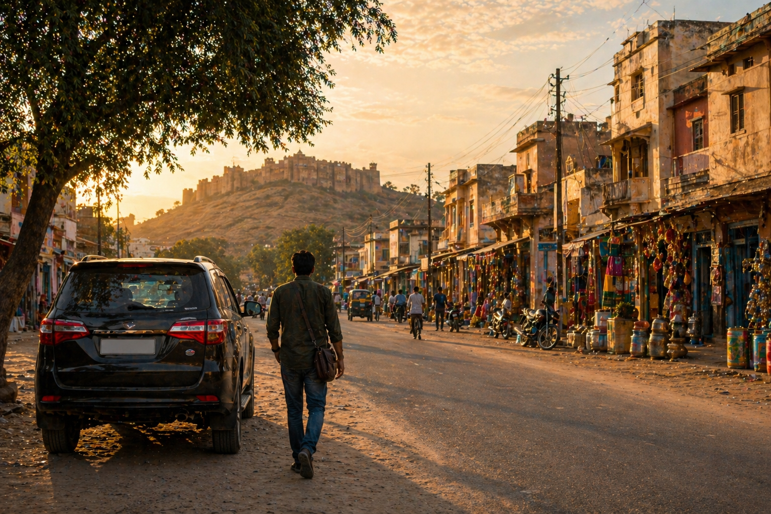 golden hour in a bustling market street