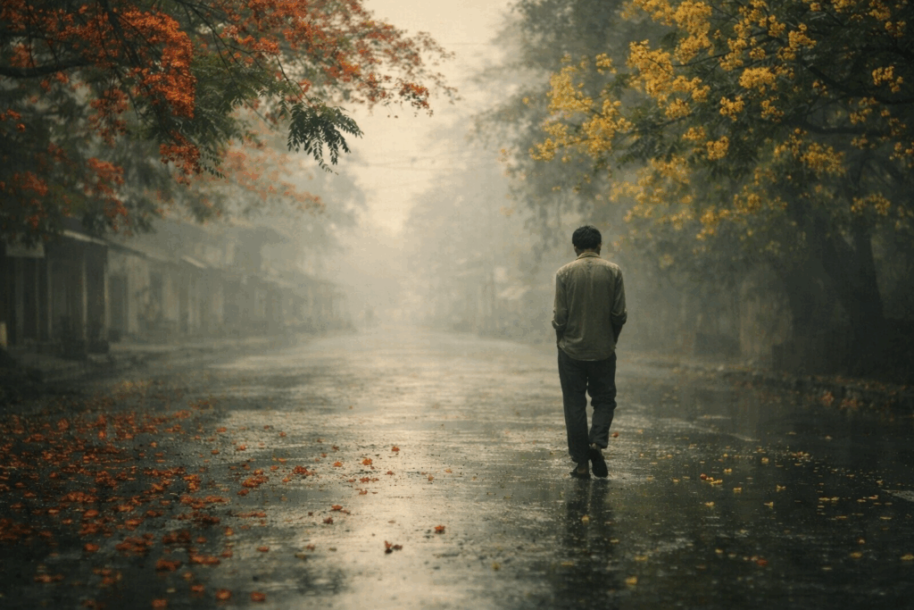 misty village walk beneath blooming trees