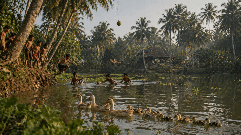 playful moments by the tropical pond