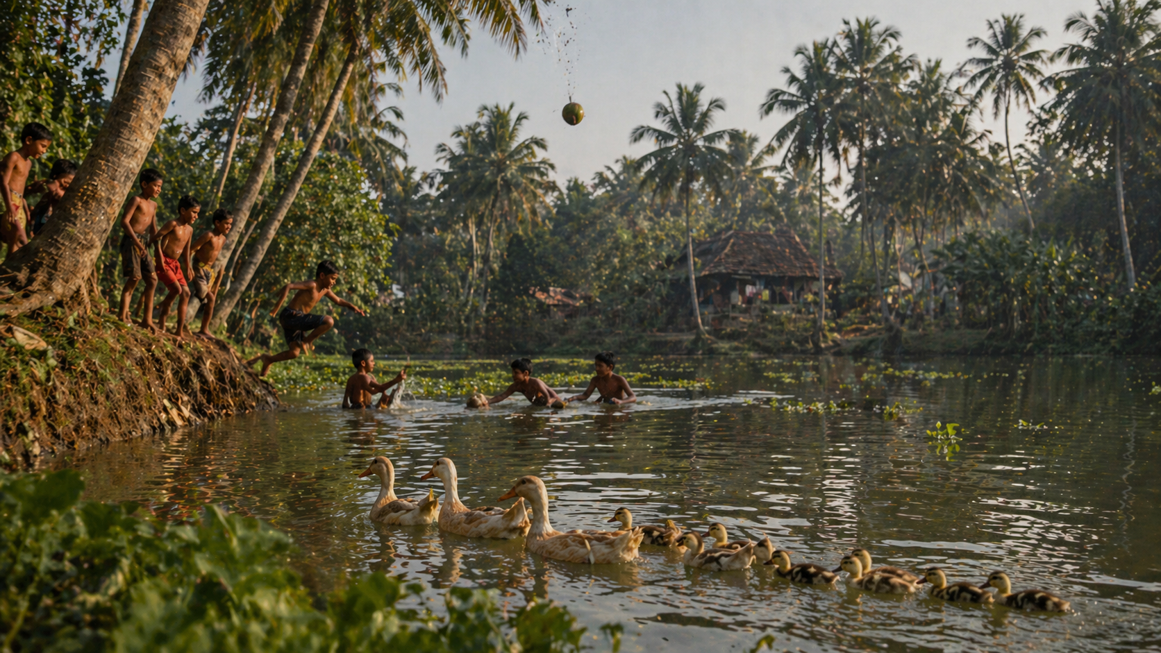 playful moments by the tropical pond