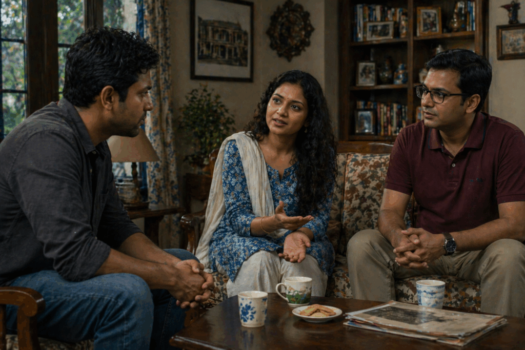 serious conversation in a cozy home