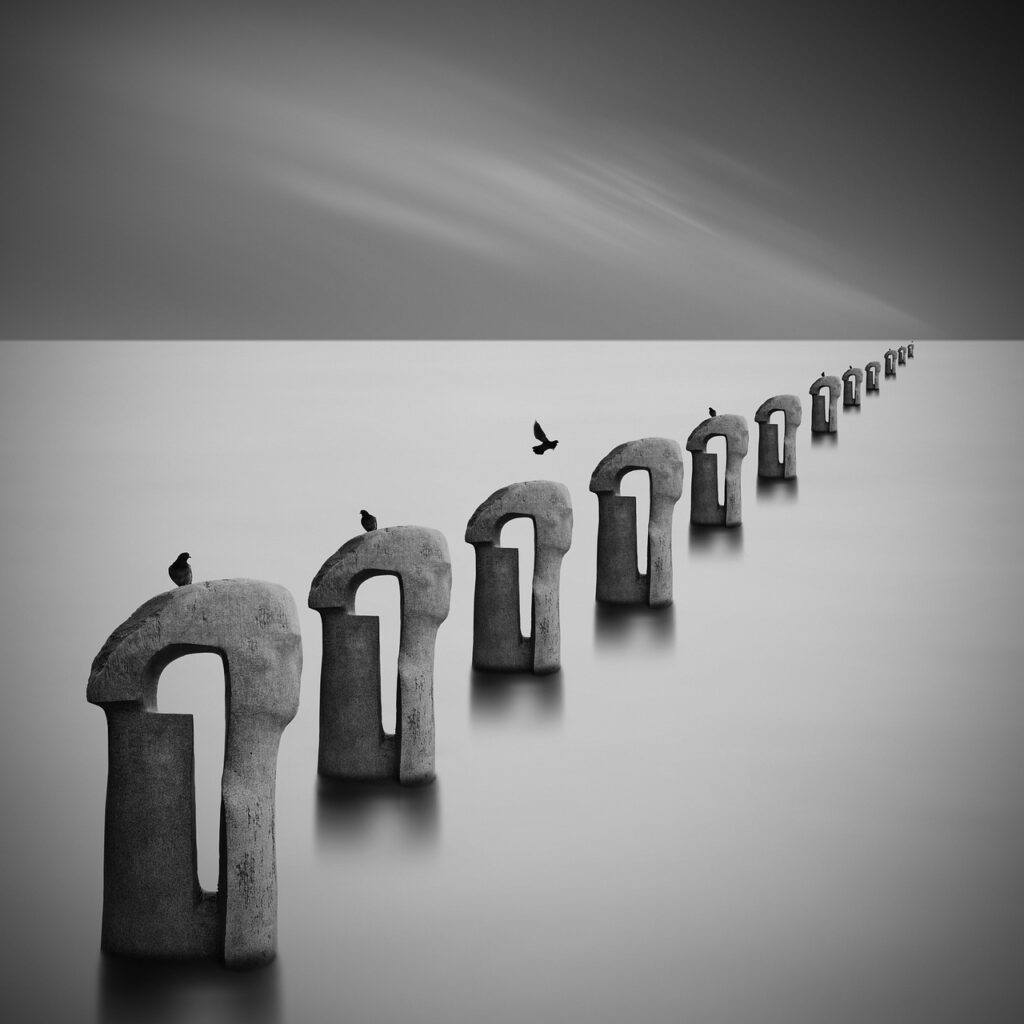 sea of fog, fog, ocean, sea, pier, abstract, wallpaper, birds, fantasy, water, black and white, 4k wallpaper, gray water, gray abstract, gray sea, nature, gray fantasy, gray birds, gray ocean, beautiful wallpaper, gray wallpaper