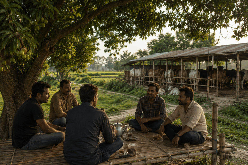 relaxed rural conversation under the tree
