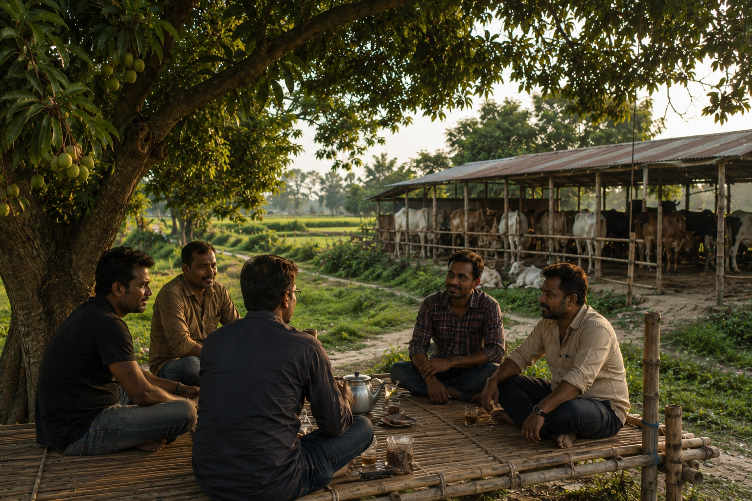 relaxed rural conversation under the tree