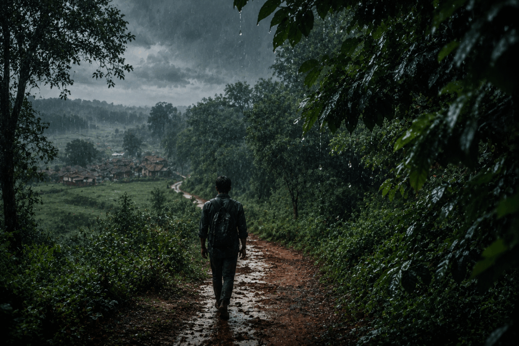 rainy forest path to village