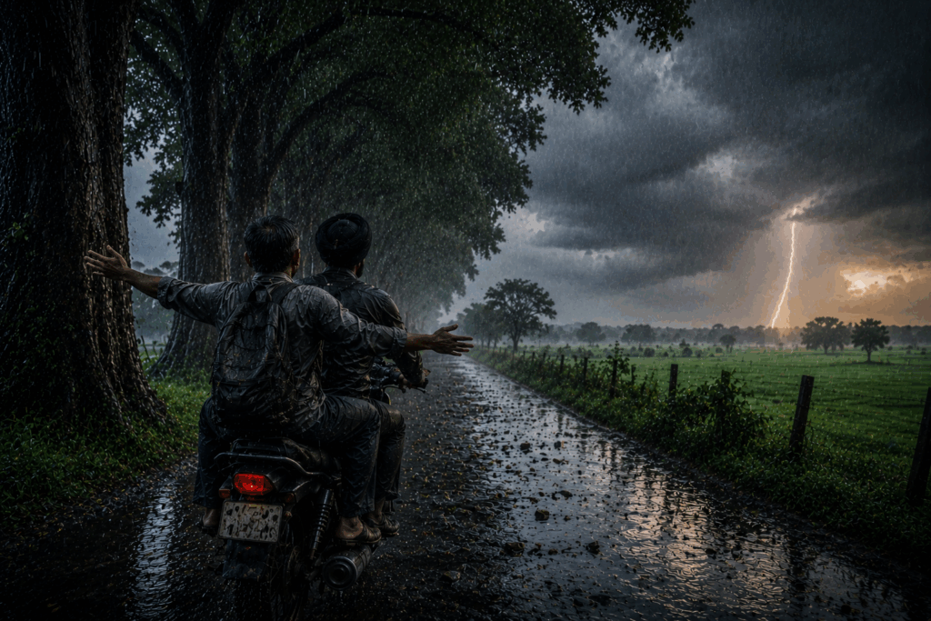 riding through the stormy countryside